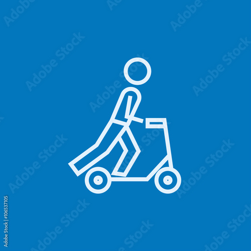 Man riding kick scooter line icon.