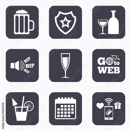 Alcoholic drinks signs. Champagne, beer icons.