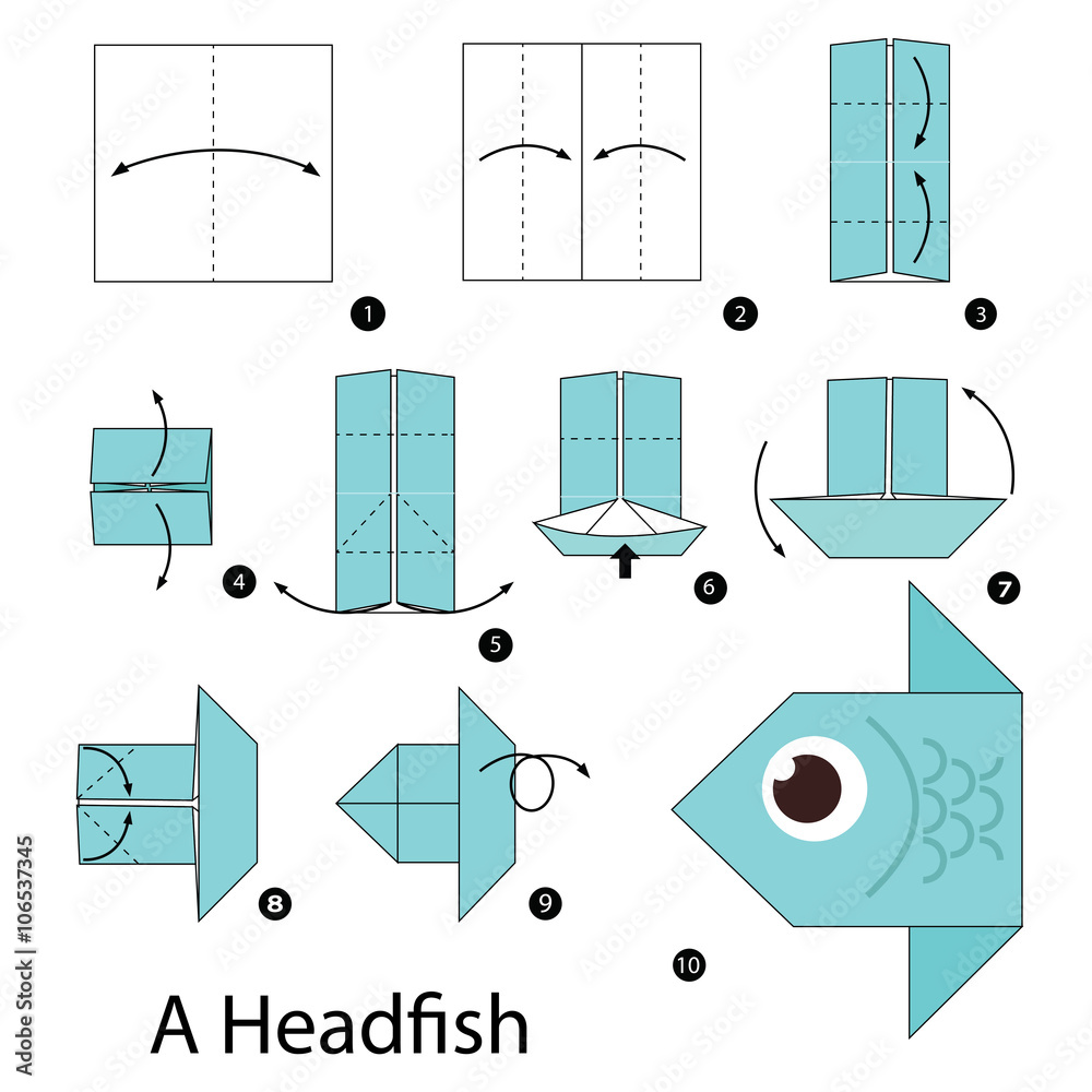 Step by step instructions how to make origami A Head fish. Stock Vector ...