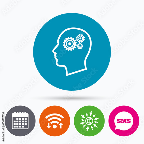 Head with gears sign icon. Male human head.