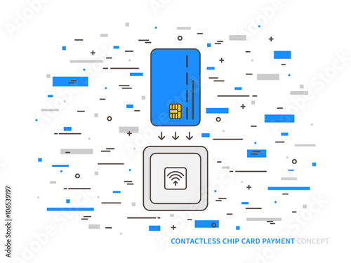 EMV chip card contactless reader colorful vector linear illustration. Secure transaction emv (chip) card creative concept. Emv (chip) card wireless payment (money transfer) technology graphic design.
