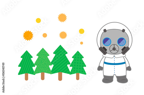 cartoon gas mask person and pollen trees .vector art