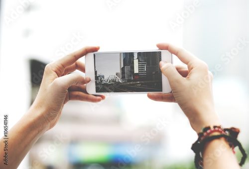 WOman Taking Photo Cityscape City View Concept