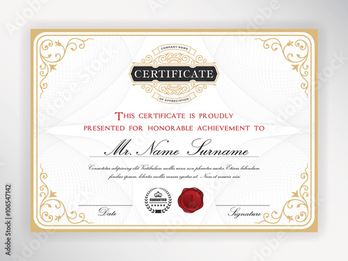 Elegant certificate template design with emblem, vintage border. A4 size + Bleed