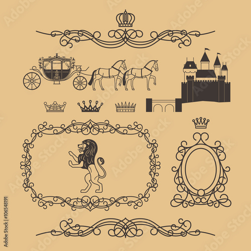 Vintage royal elements and princess decor elements in line style. Vintage royalty frame with crown, princess castle and royal lion. Vector illustration