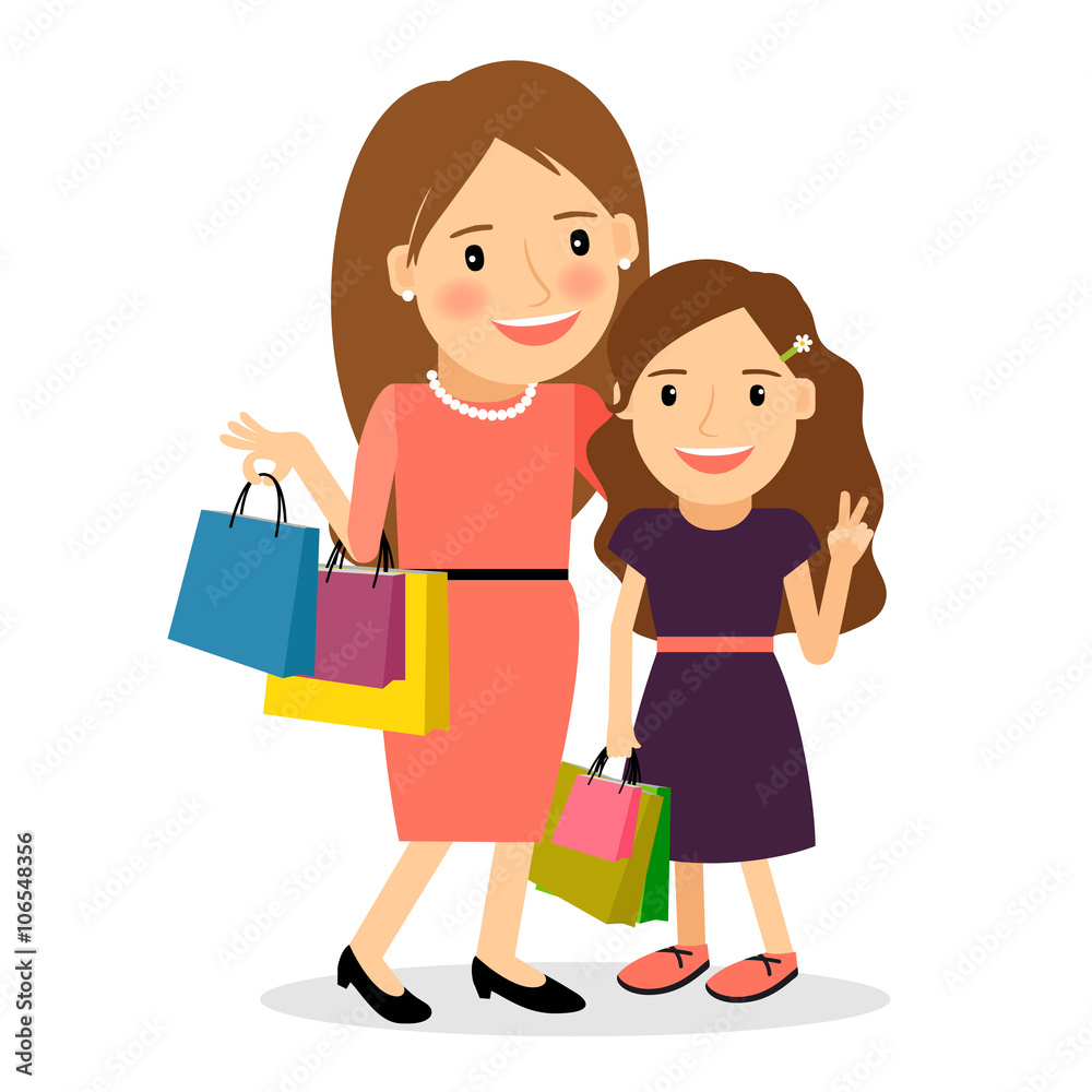 Shopping day. Smiling mom and daughter with shopping bags. Vector illustration Shopping day. Smiling mom and daughter with shopping bags. Vector illustration