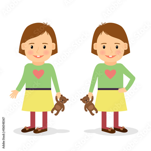 Cute little girl holding teddy bear. Sweet girl icon on white background. Vector illustration