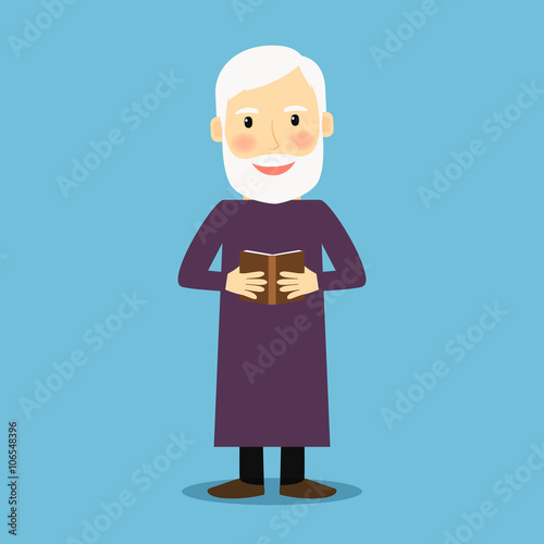Evangelist. Old man with book like bible, standing and smiling. Vector illustration