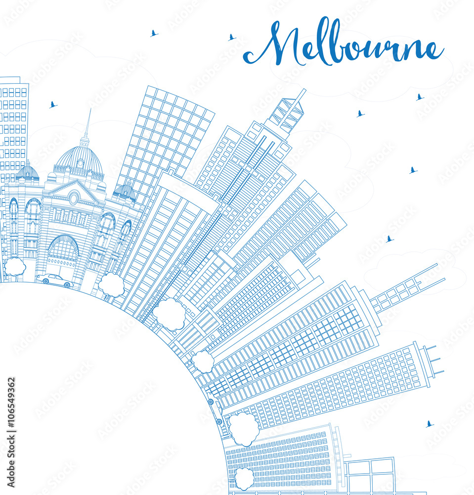 Outline Melbourne Skyline with Blue Buildings.