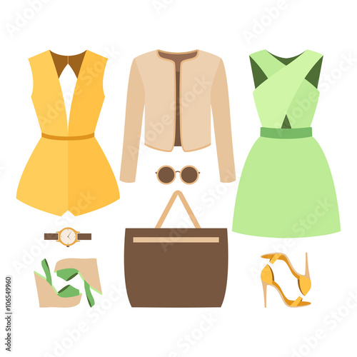 Set of trendy women's clothes with woman jacket, dress, overall and accessories. Vector illustration