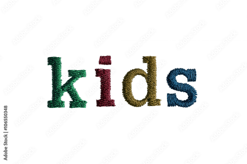 thread embroidery word kids isolate on white background