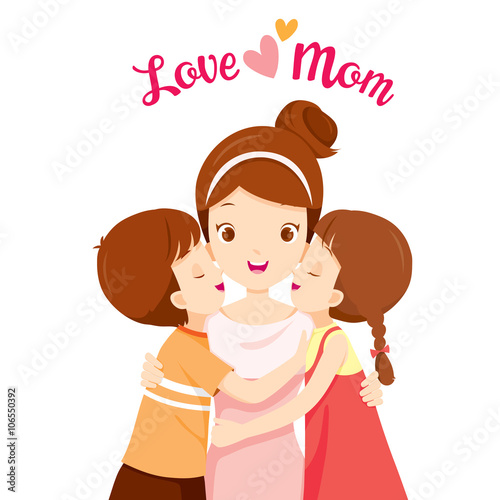 Son And Daughter Hugging Their Mother And Kissing On Her Cheeks, Mother’s Day, Kissing, Mother, Cheeks, Embracing, Hug, Love, Children, Sibling