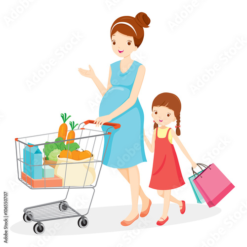 Pregnant Mom And Daughter Shopping Together, Pregnant, Mother, Shopping, Retail, Shopping Cart, Buying, Pushcart, Trolley