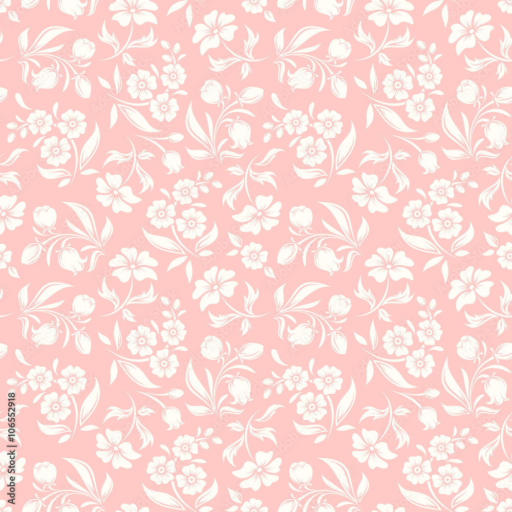Vector seamless pink and white pattern with flowers and leaves.