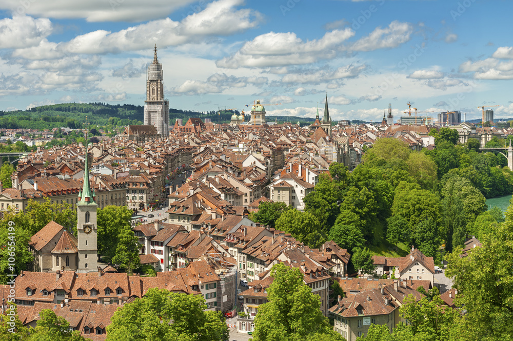 Panorama view of Bern old town from mountain top in rose garden, Swiss