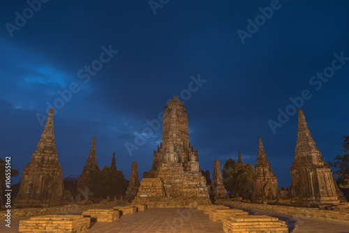 Ancient ruin of the temple Wat Chai Watthanaram  with light show at twilight time in Ayutthaya  Thailand.