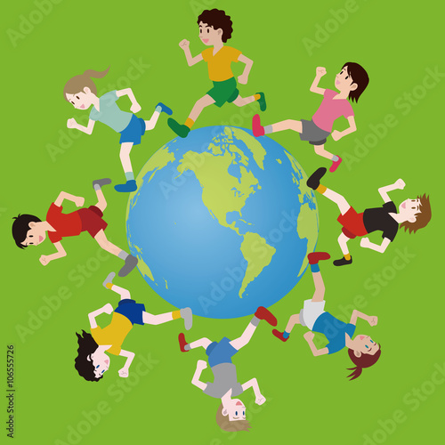 multicultural boys and girls running around the earth, track and field, football, soccer, worldwide friendship, vector