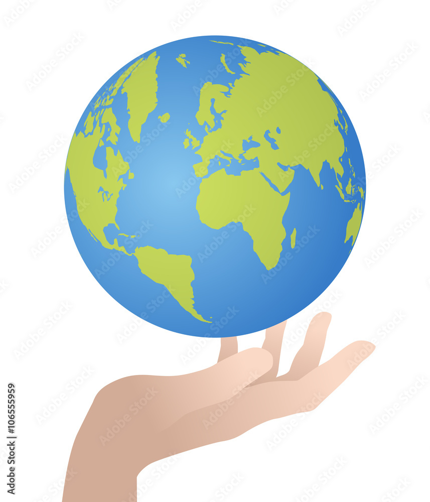 global world map floating over hand, vector illustration