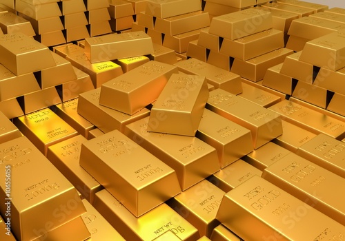 Gold reserves. Banking concept. Many shiny gold bars. 3D rendered illustration.