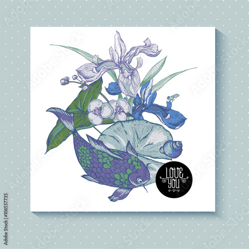 Vintage pond watery flowers vector greeting card