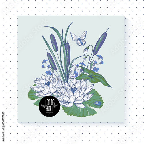 Vintage pond watery flowers vector greeting card