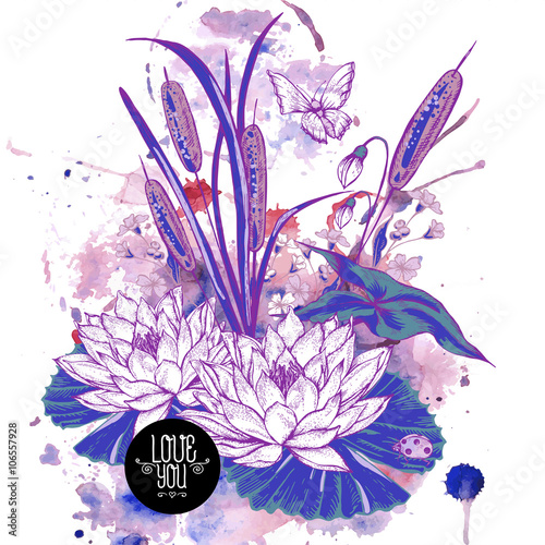 Vintage pond watery flowers vector greeting card