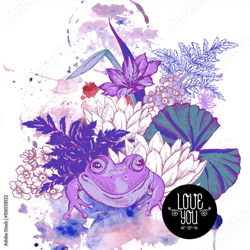 Vintage pond watery flowers vector greeting card