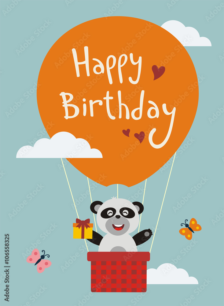 Happy birthday! Funny panda, bear flying on balloon with birthday gift in  hand. Happy birthday card. Cartoon panda bear wishes happy birthday. Vector  card - Happy birthday! Stock Vector | Adobe Stock