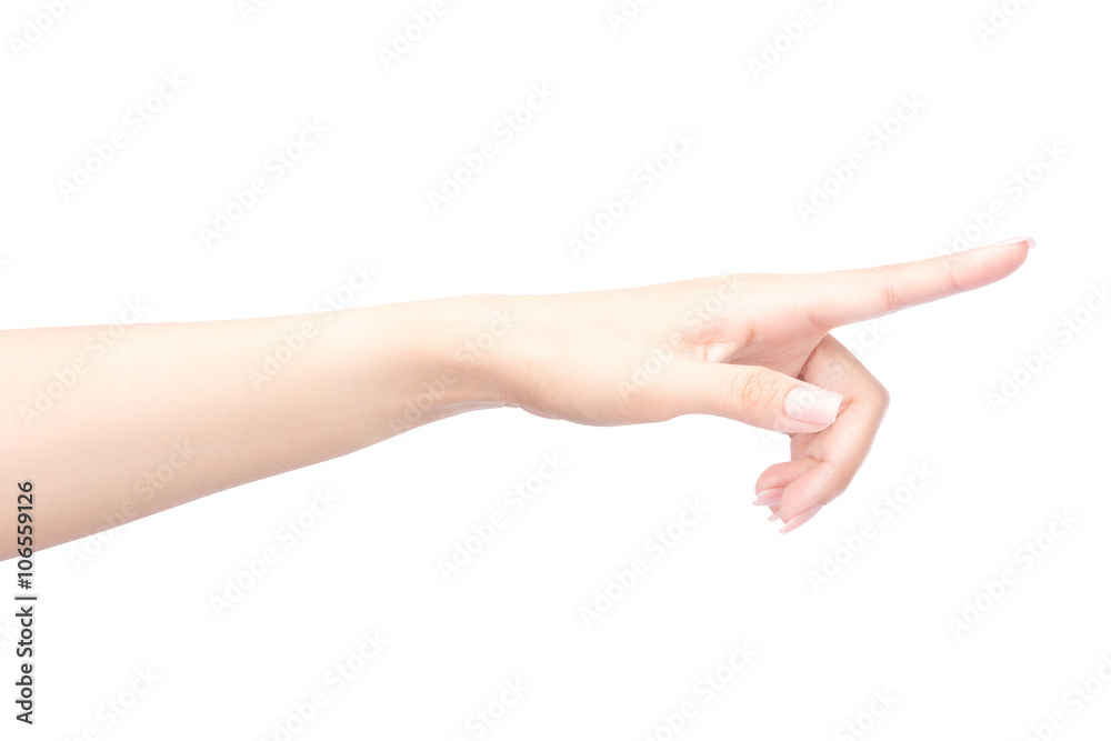 Closeup of woman hand pointing Isolated on white with clipping path