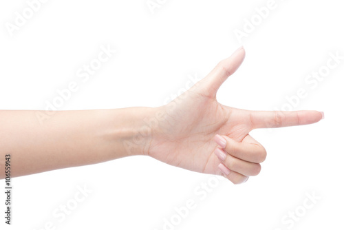 Closeup of woman hand pointing Isolated on white with clipping path © Ratthaphon Bunmi
