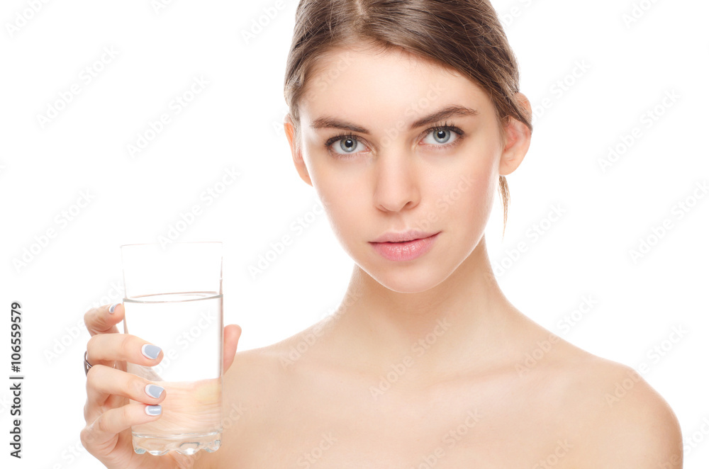 portrait of attractive woman isolated on white studio shot with glass of water portrait of attractive woman isolated on white studio shot with glass of water