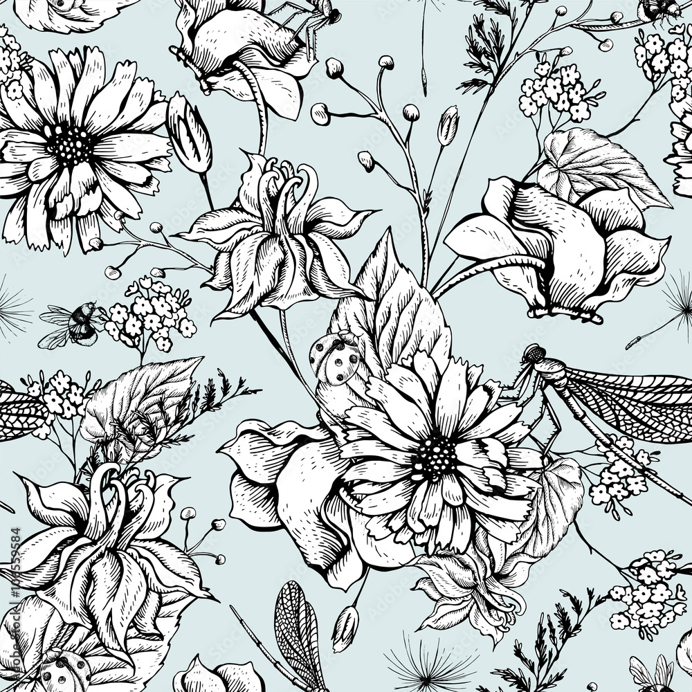 Vintage garden flowers vector seamless pattern - obrazy, fototapety, plakaty 