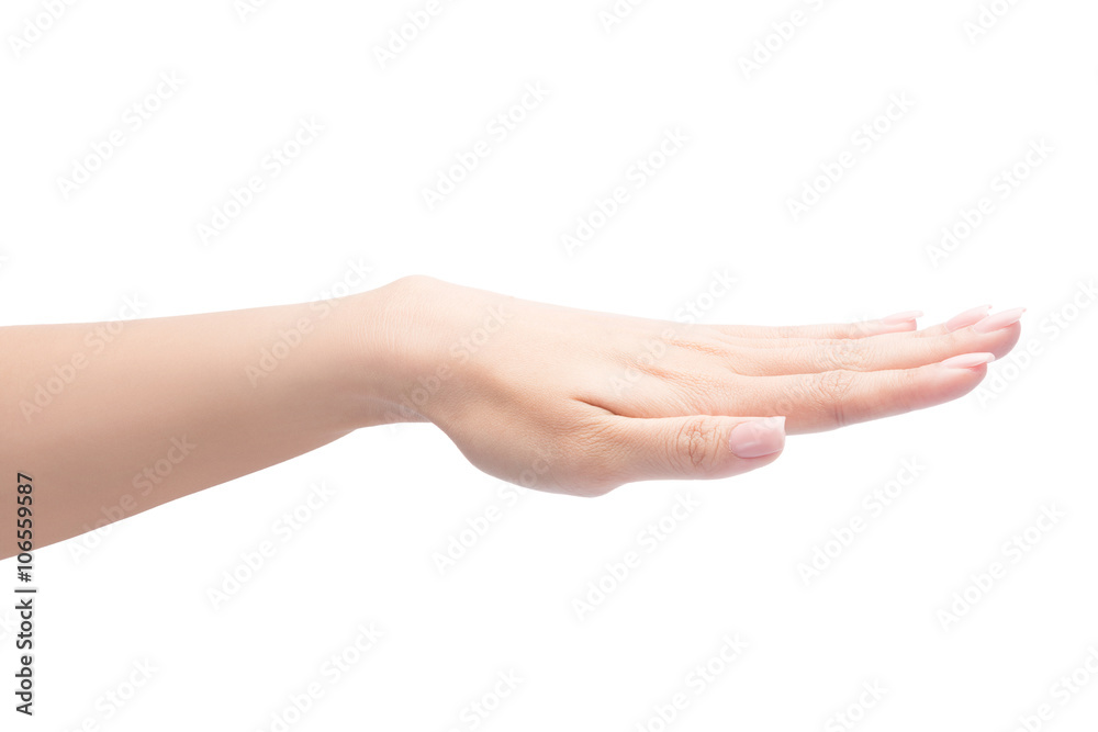 Female hand showing gesture on an isolated white with clipping path