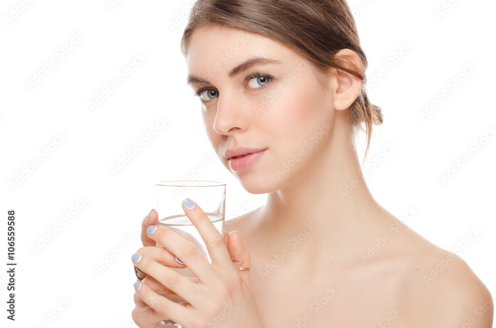 portrait of attractive woman isolated on white studio shot with glass of water portrait of attractive woman isolated on white studio shot with glass of water