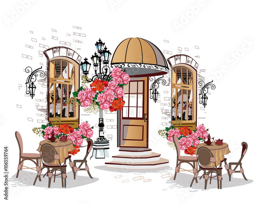 
Series of backgrounds decorated with flowers, old town views and street cafes.
