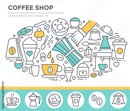 Coffee shop concept illustration, thin line flat design