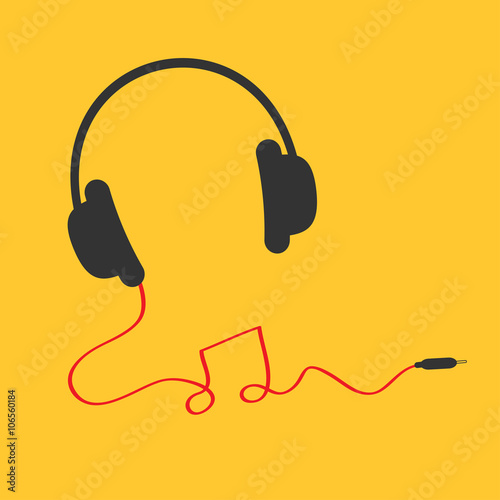 Headphones icon with red cord in shape of note Music card Flat design Yellow background
