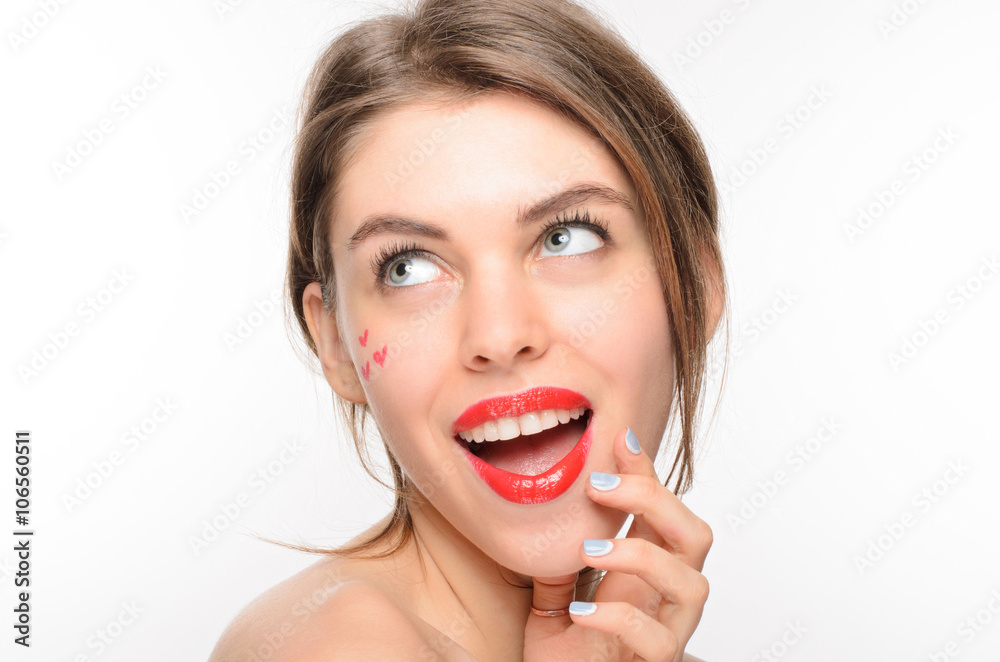 Portrait of beautiful woman on white background