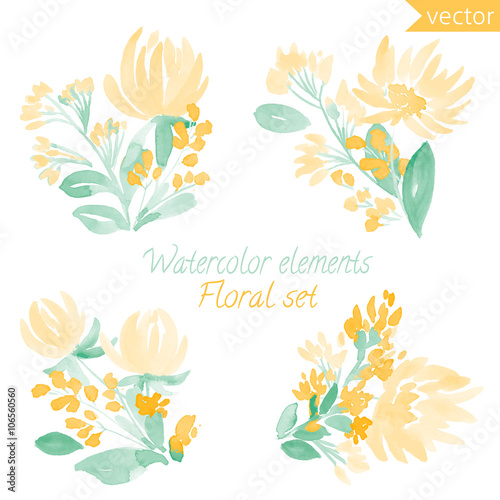 Fototapeta Naklejka Na Ścianę i Meble -  A set of watercolor flowers and leaf. Vector collection with leaves and flowers, hand drawing. Can be used for design for invitation, wedding or greeting cards