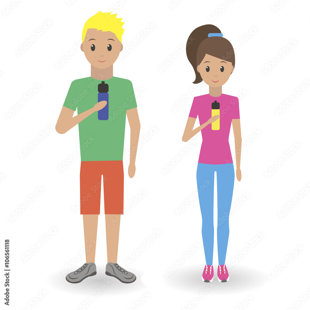 Young fit woman and man in sportswear, with water bottle after workout
