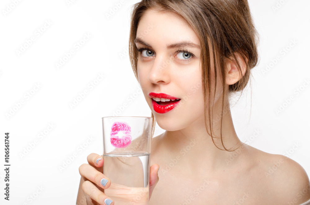 Beautiful Girl Drinking a Glass of Pure Water Smiling Holding on White Beautiful Girl Drinking a Glass of Pure Water Smiling Holding on White