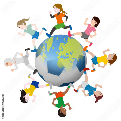children running around the earth and soccer ball, vector illustration