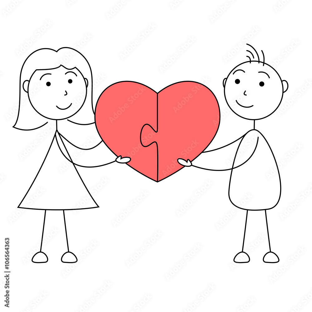 Cartoon man and woman stick figures joining puzzle of heart Cartoon man and woman stick figures joining puzzle of heart