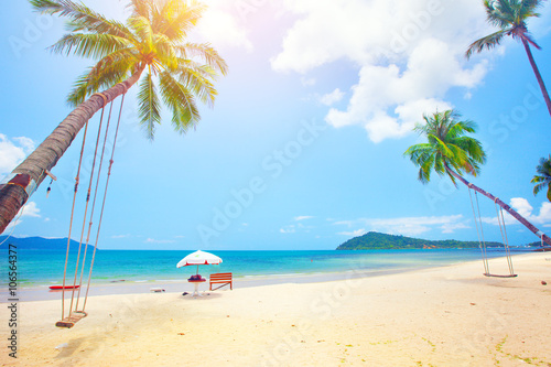 Beautiful tropical island beach with coconut palm trees and swing