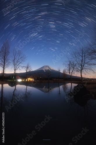 Mount Fuji, Lake and star trails of winter stars