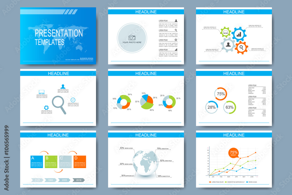 Blue set of vector templates for multipurpose presentation slides. Modern business flat design with graphs and chart. Leaflet marketing advertising