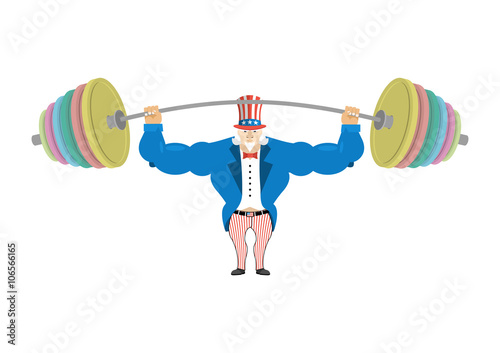 Uncle Sam and sports barbell. Powerful Uncle Sam. Strong Uncle S