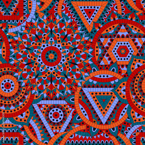 Seamless pattern with seven chakras. Oriental ornaments for banners, cards or for your design. Buddhism decorative elements. Red, orange and blue colors.  Vector illustration.