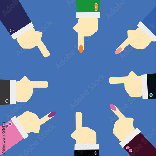 Male and female hands and arms in business clothing pointing fingers at the centre of the image with copy space for your text