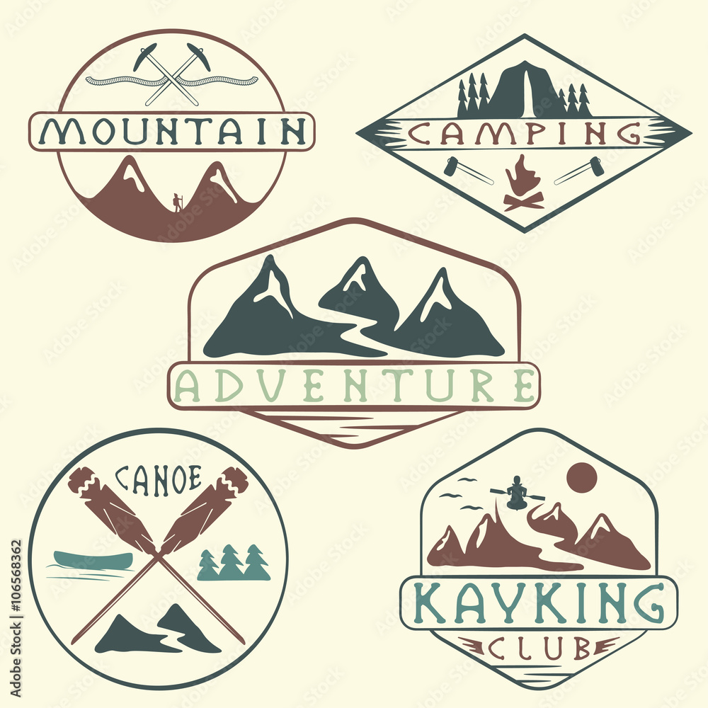 kayaking, camping,climbing and adventure vintage labels set
